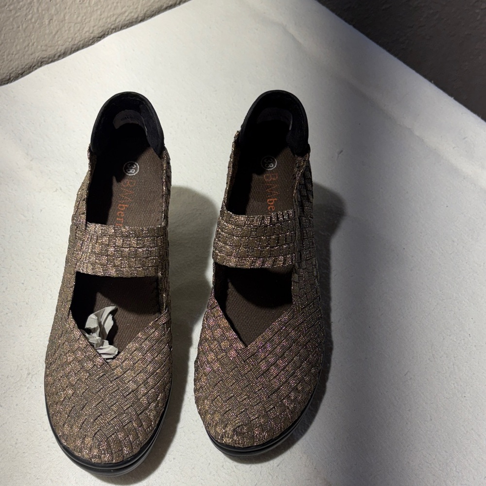 bernie mev. Metallic Woven Mary Jane Flats in Brown